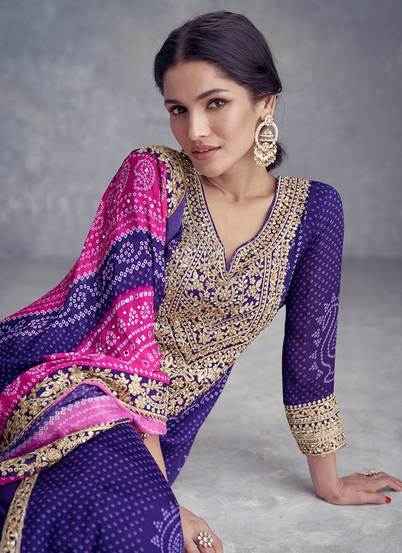 Purple And Pink Mirror Embroidery Bandhani Prited Palazzo Suit