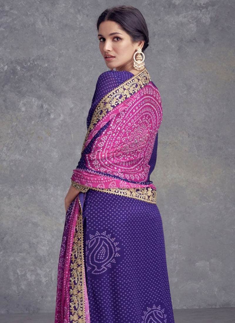 Purple And Pink Mirror Embroidery Bandhani Prited Palazzo Suit