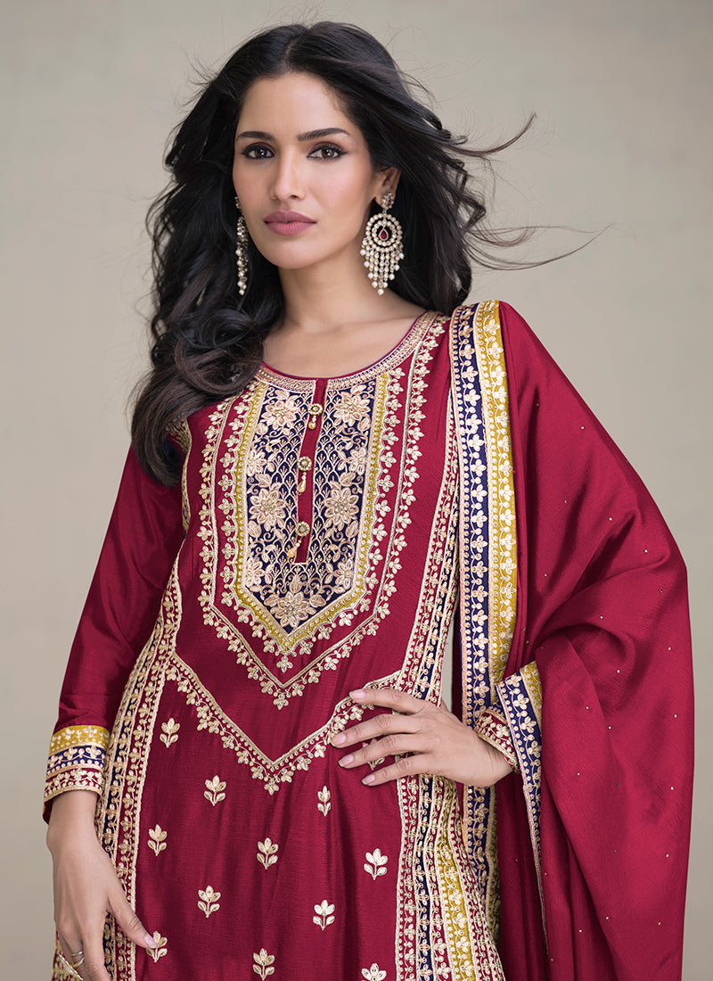 Cherry Red Multi Embroidery Traditional Palazzo Suit