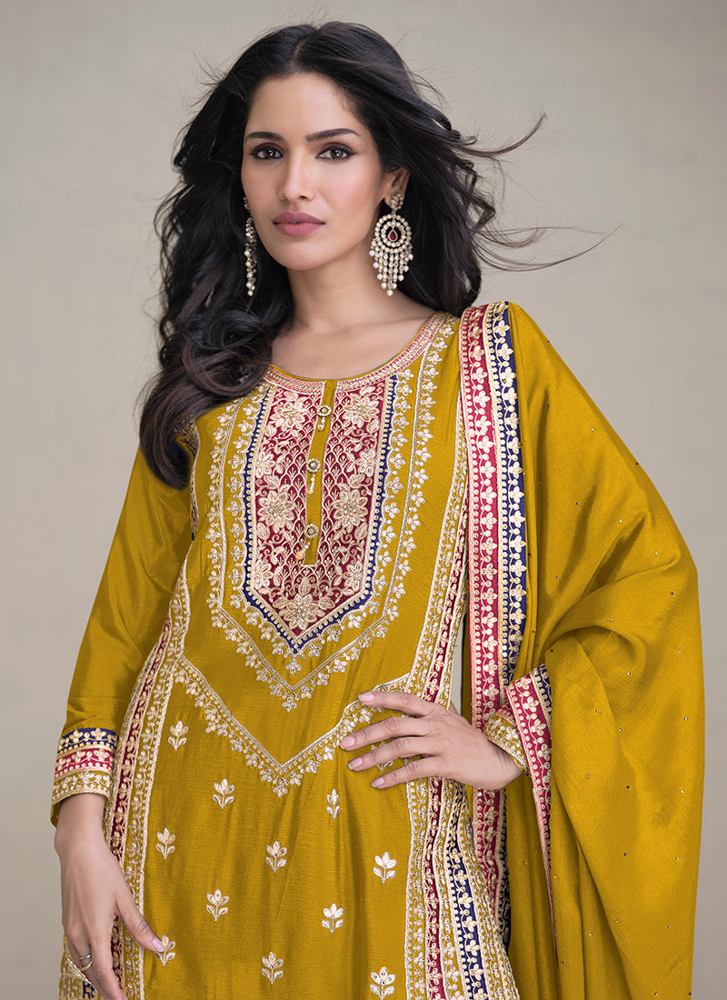 Ochre Yellow Multi Embroidery Traditional Palazzo Suit