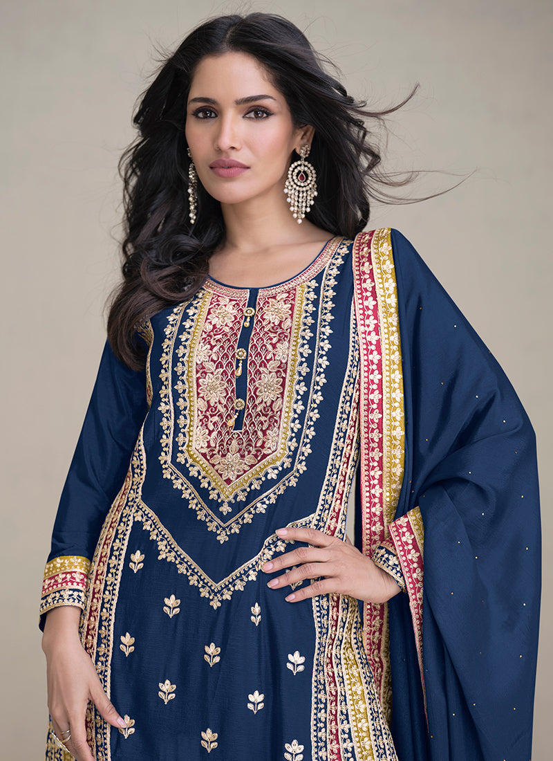 Dark Blue Multi Embroidery Traditional Palazzo Suit