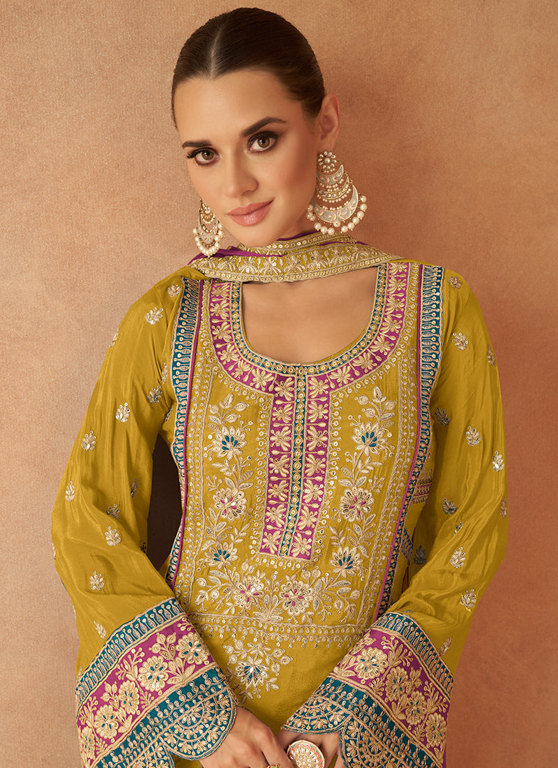 Yellow And Magenta Multi Embroidery Palazzo Suit