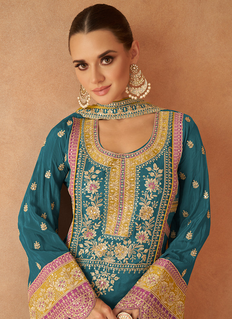 Turquoise And Yellow Multi Embroidery Palazzo Suit