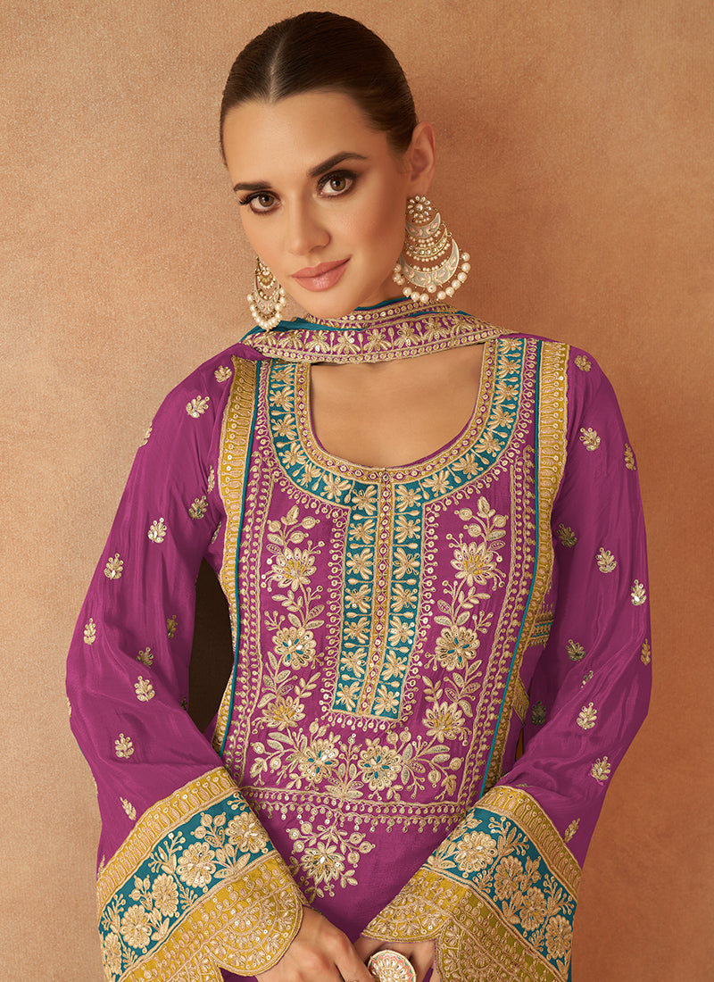 Magenta And Turquoise Multi Embroidery Palazzo Suit