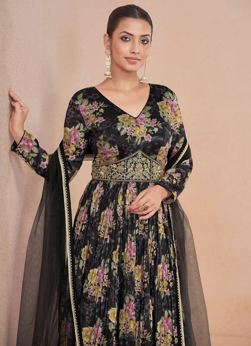 Black Floral Print And Handwork Embroidery Anarkali Style Gown