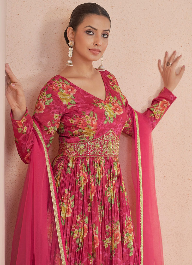 Rani Pink Floral Print And Handwork Embroidery Anarkali Style Gown