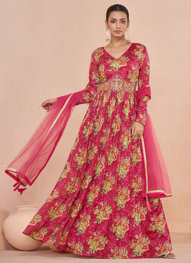 Rani Pink Floral Print And Handwork Embroidery Anarkali Style Gown