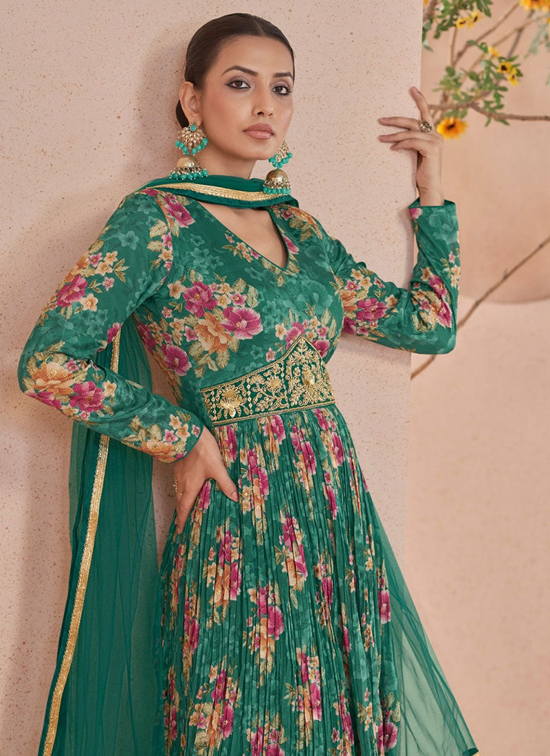 Rama Green Floral Print And Handwork Embroidery Anarkali Style Gown