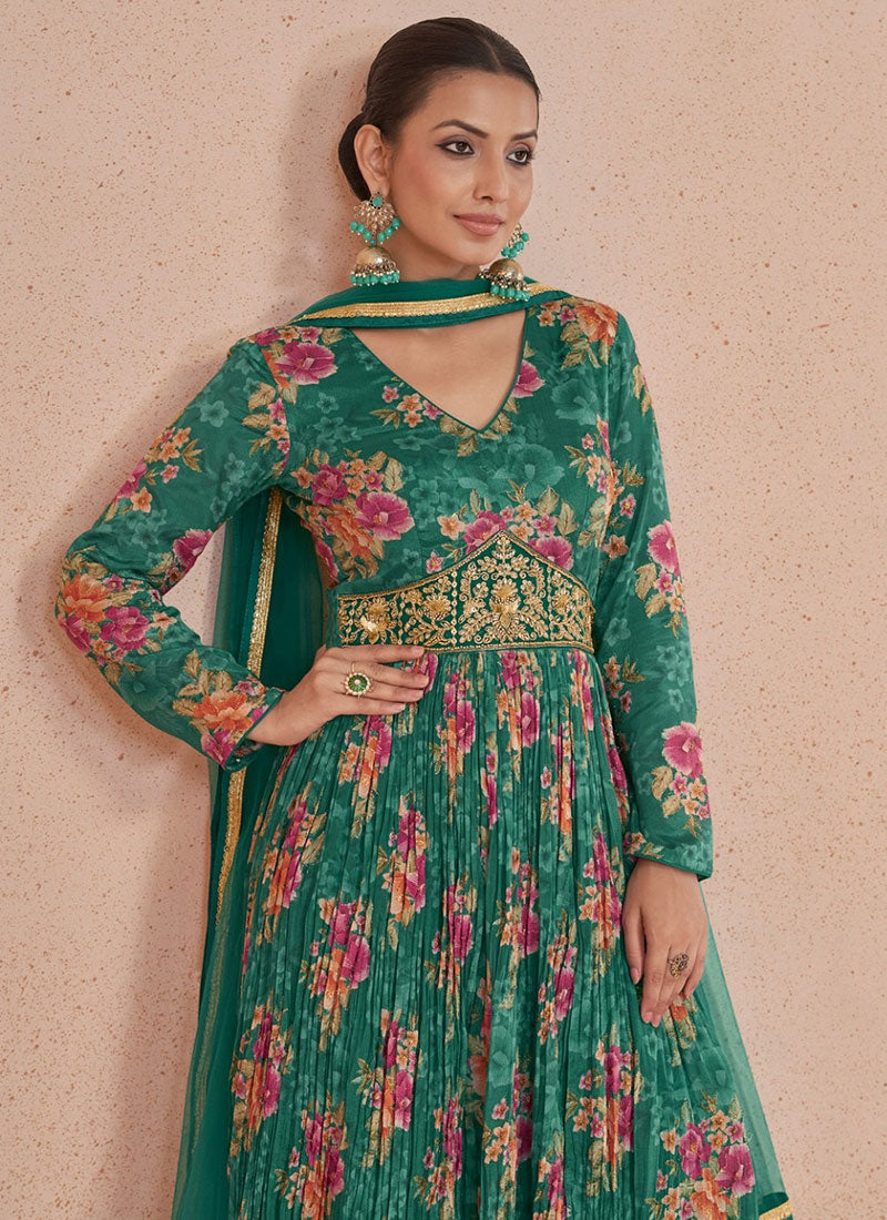 Rama Green Floral Print And Handwork Embroidery Anarkali Style Gown