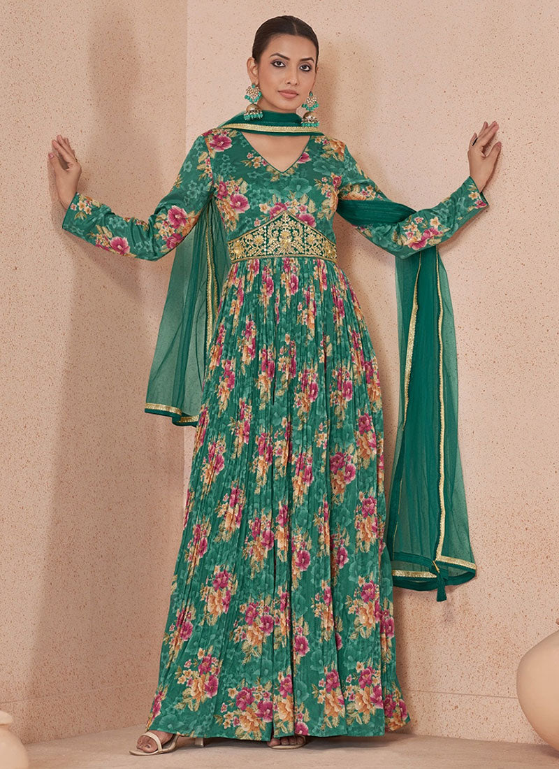 Rama Green Floral Print And Handwork Embroidery Anarkali Style Gown