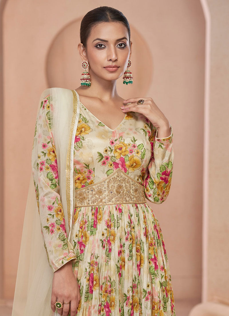 Off White Floral Print And Handwork Embroidery Anarkali Style Gown