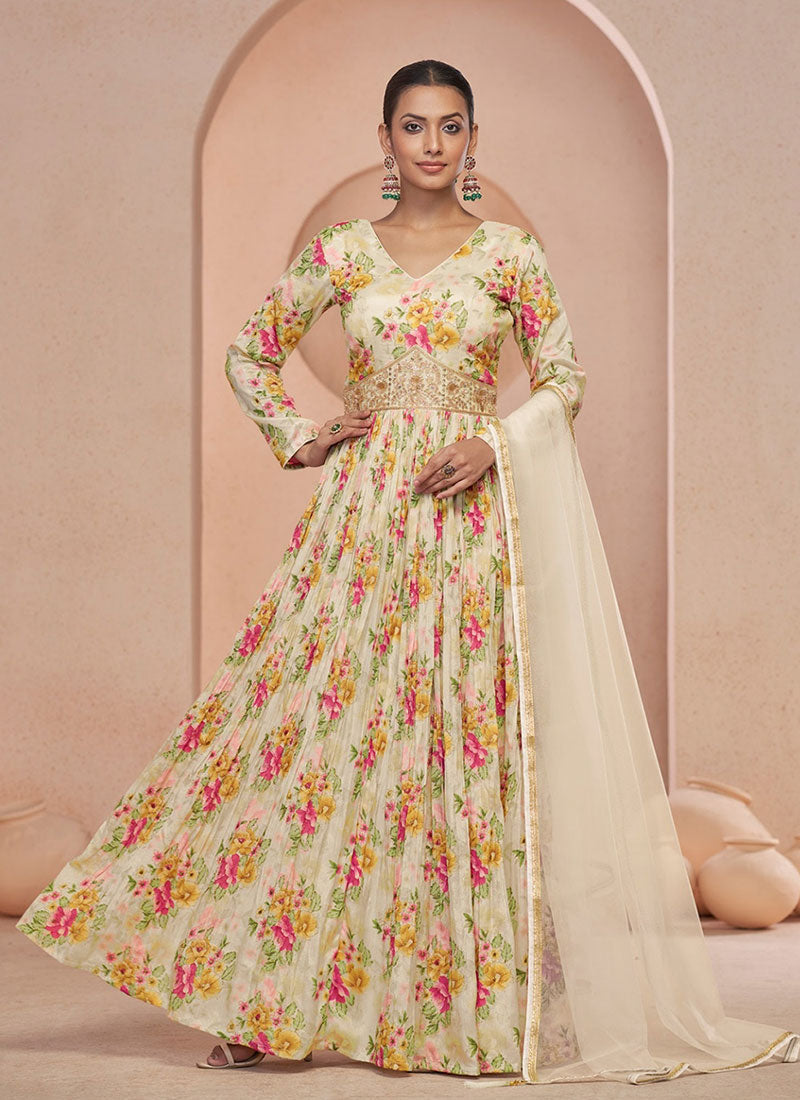 Off White Floral Print And Handwork Embroidery Anarkali Style Gown