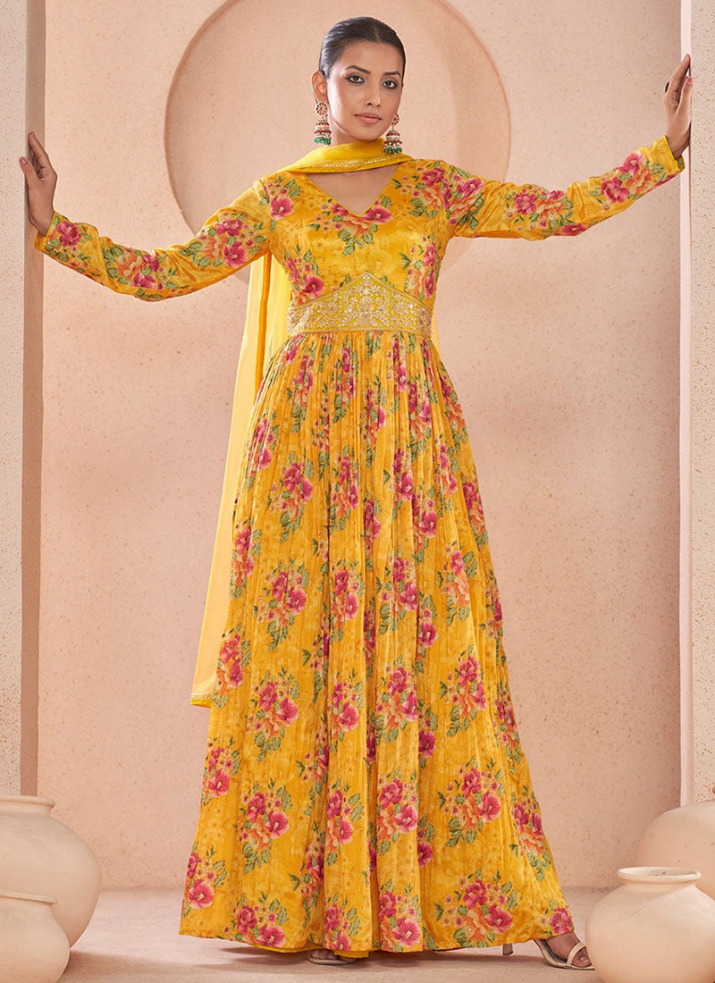 Yellow Floral Print And Handwork Embroidery Anarkali Style Gown