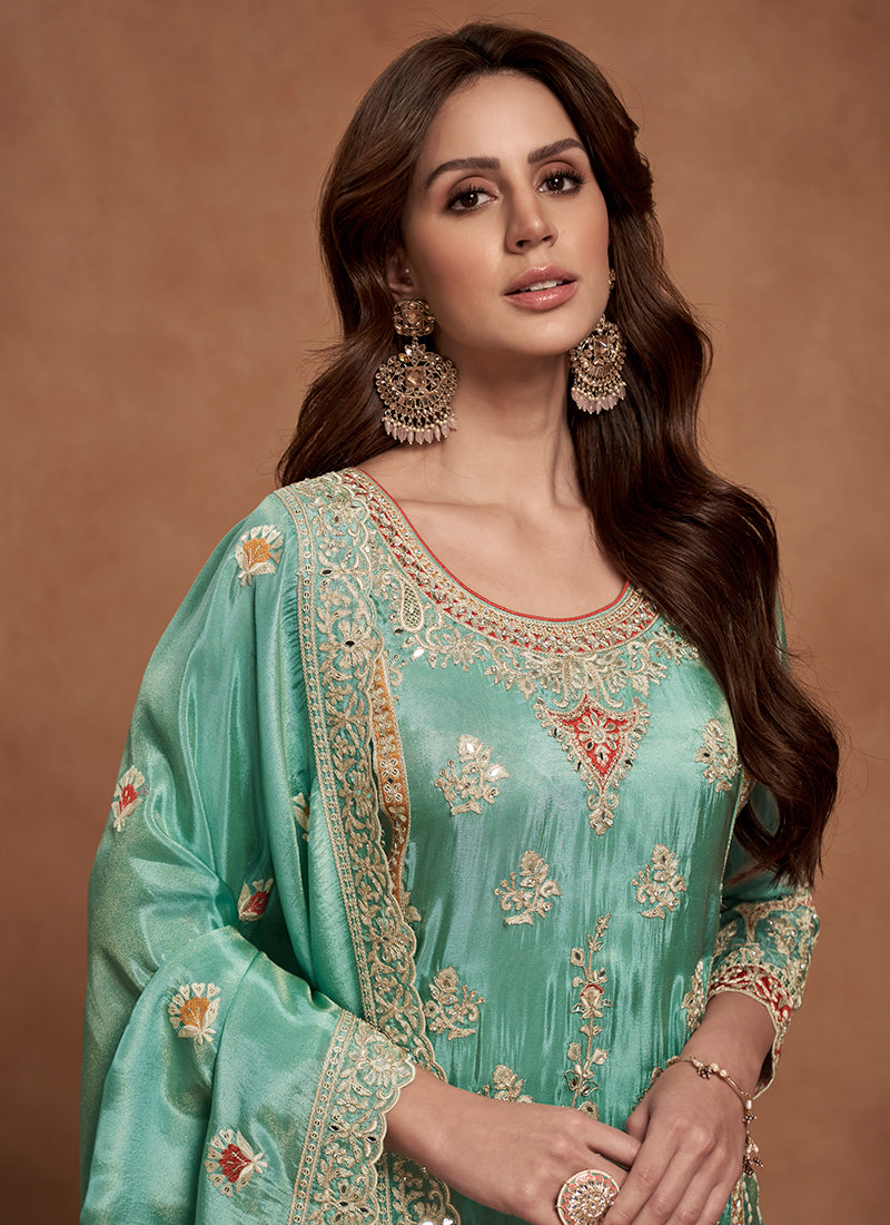 Sea Green Multi Embroidered Wedding Palazzo Suit