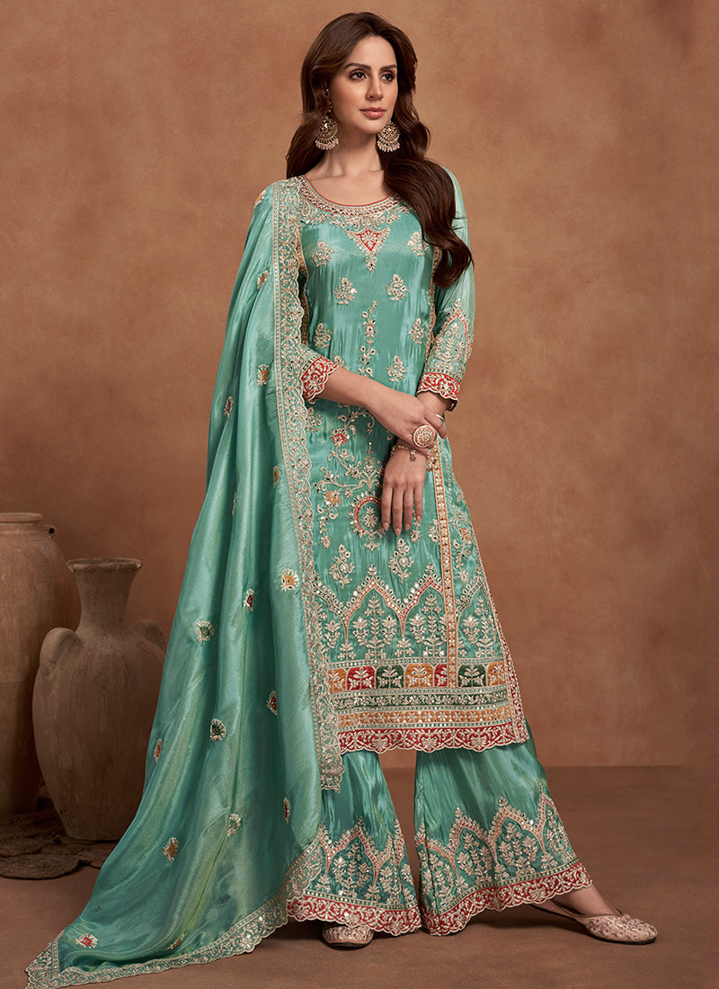 Sea Green Multi Embroidered Wedding Palazzo Suit