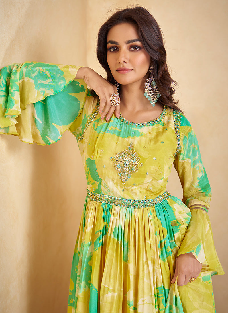 Yellow Floral Printed Handwork Embroidered Anarkali Gown