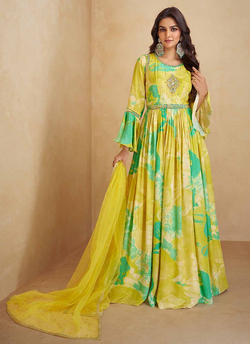 Yellow Floral Printed Handwork Embroidered Anarkali Gown