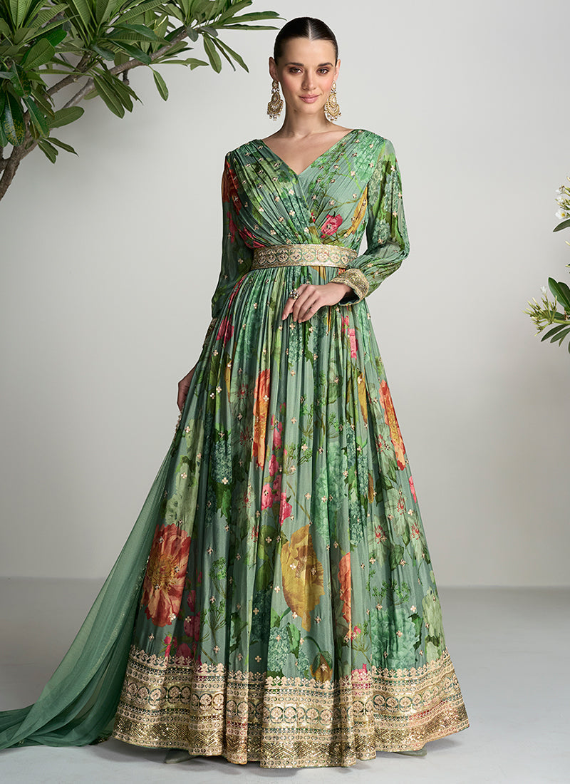 Green Floral Printed Handwork Embroidered Anarkali Gown