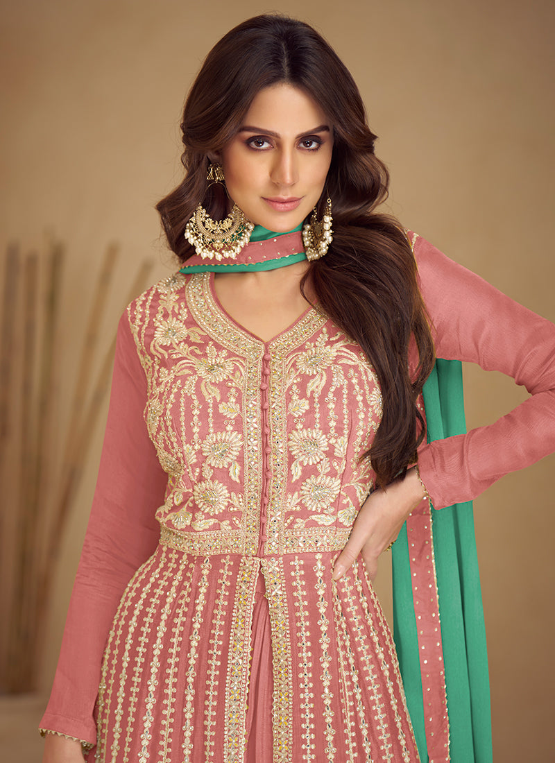 Peach And Green Traditional Embroidered Wedding Anarkali Lehenga