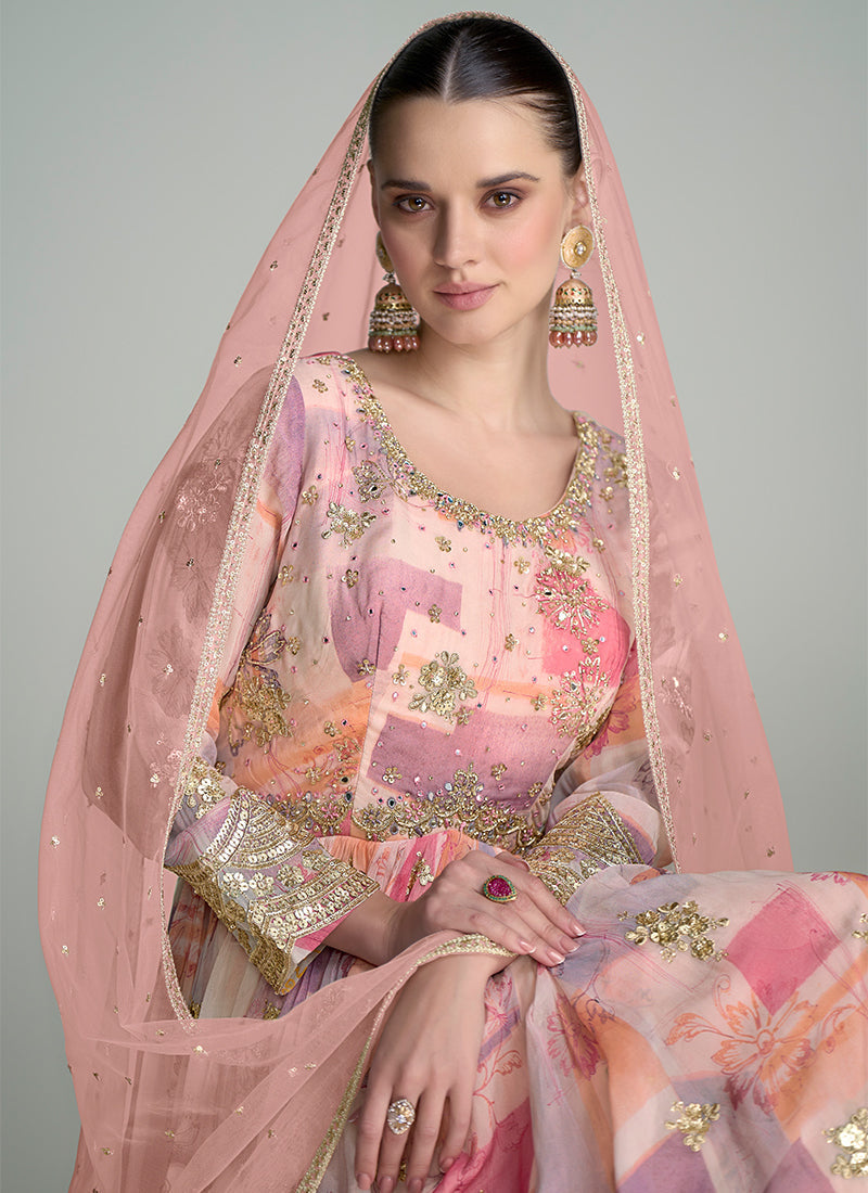 Peach And Pink Digital Printed Handwork Embroidered Anarkali Gown