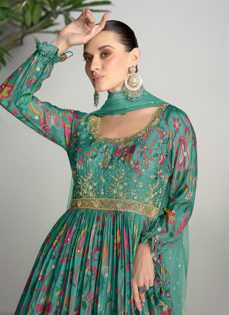 Dark Green Digital Printed Handwork Embroidered Anarkali Gown