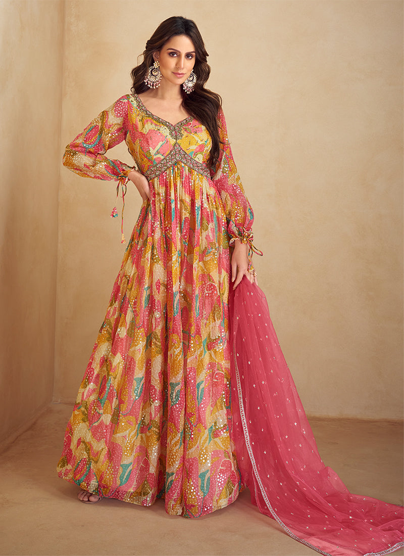 Pink Multi Digital Printed Handwork Embroidered Anarkali Gown