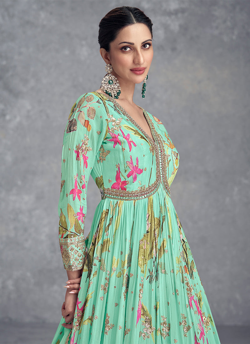 Sea Green Digital Printed Handwork Embroidered Anarkali Gown