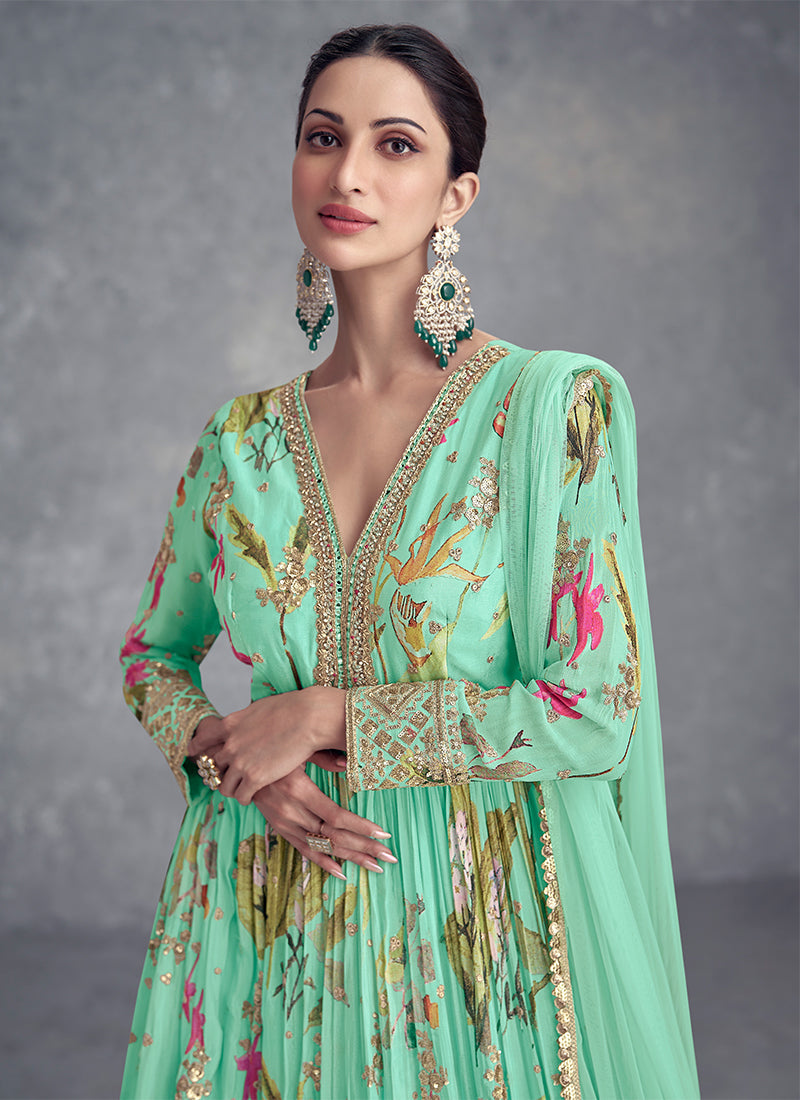 Sea Green Digital Printed Handwork Embroidered Anarkali Gown