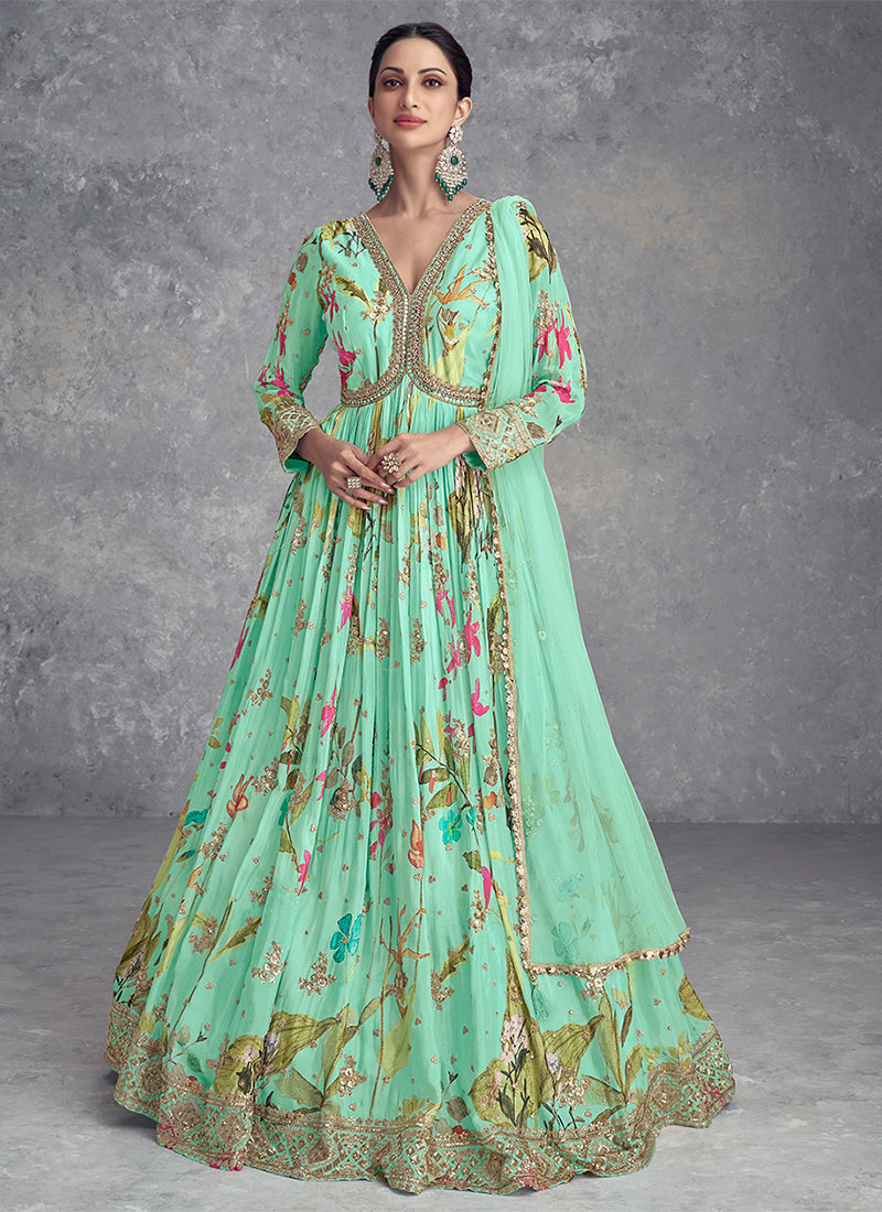 Sea Green Digital Printed Handwork Embroidered Anarkali Gown