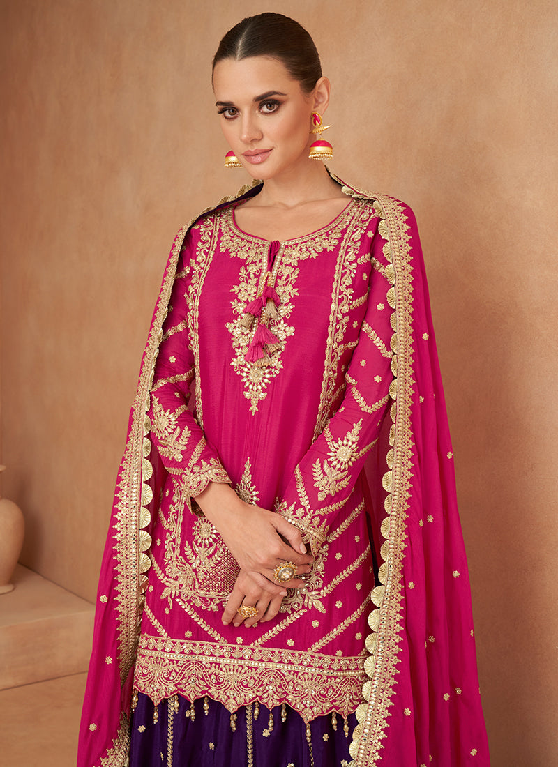 Magenta And Purple Embroidered Wedding Lehenga Kurti