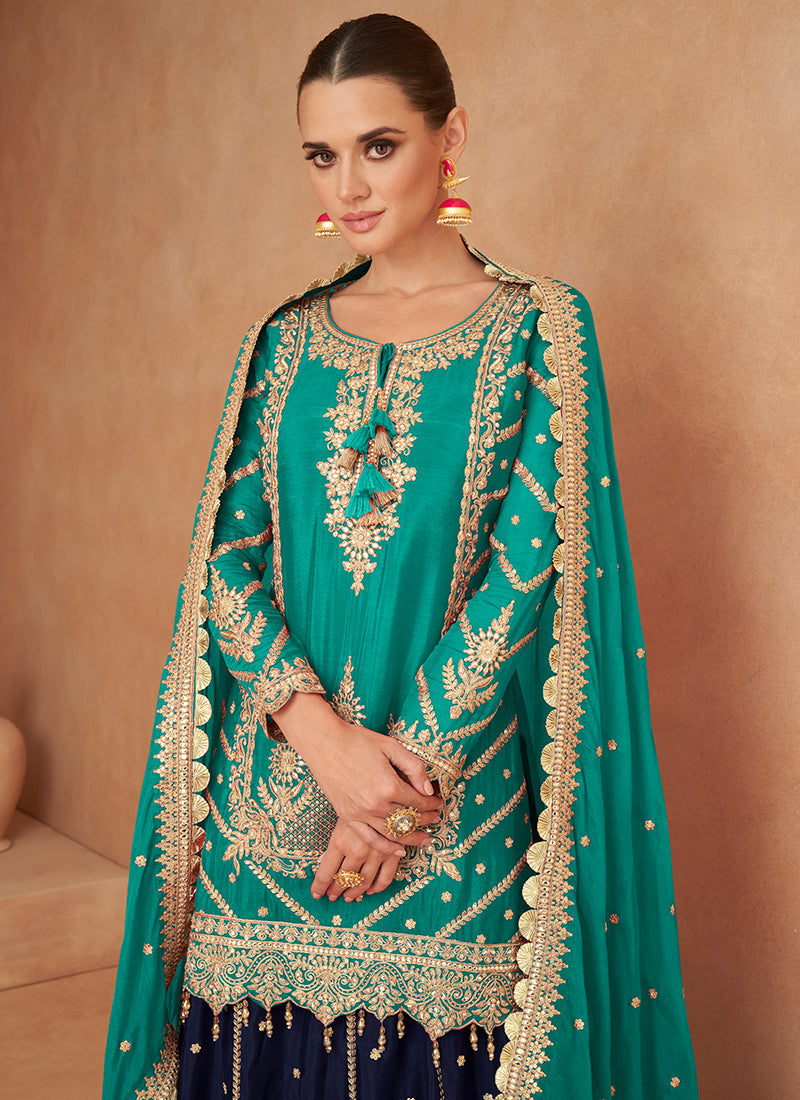 Turquoise And Blue Embroidered Wedding Lehenga Kurti