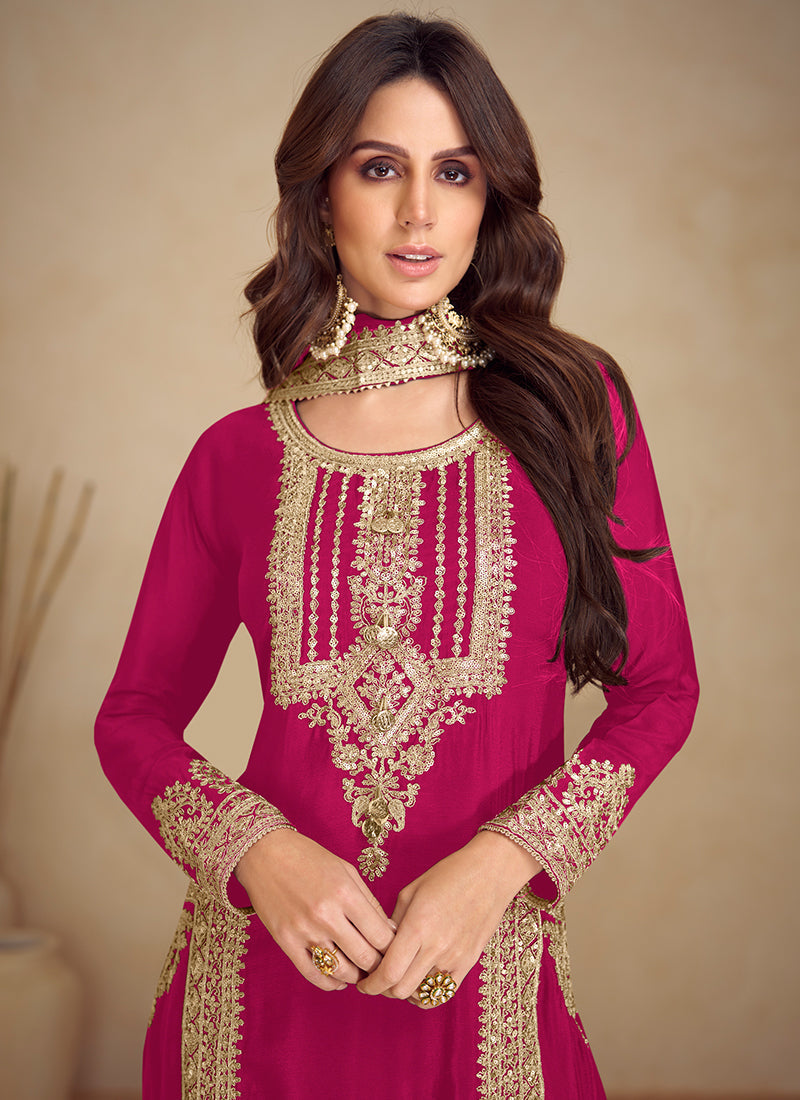 Magenta Golden Embroidered Pakistani Pant Style Suit