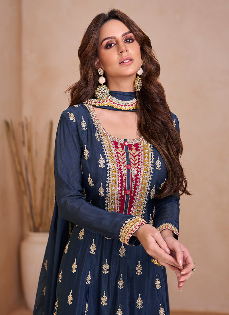 Navy Blue Traditional Embroidered Anarkali Palazzo Style Suit