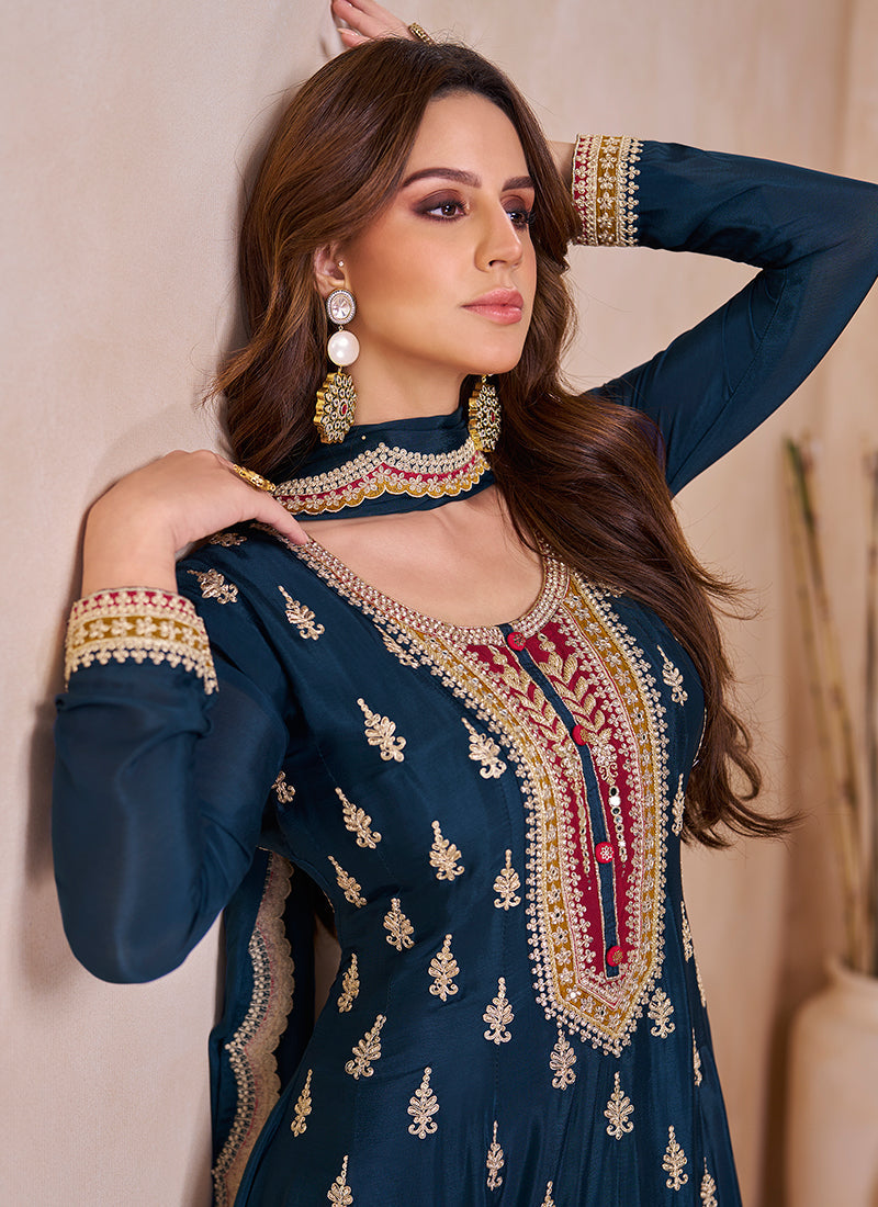 Navy Blue Traditional Embroidered Anarkali Palazzo Style Suit