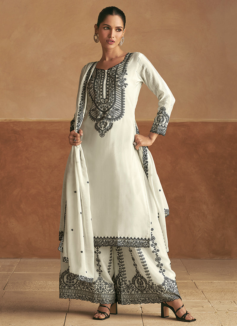 White Thread Embroidery Palazzo Style Suit