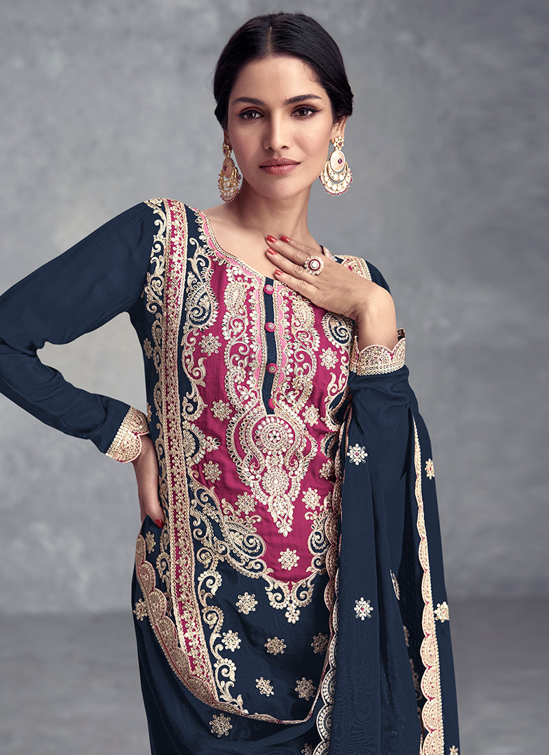 Dark Blue Embroidered Festive Palazzo Suit