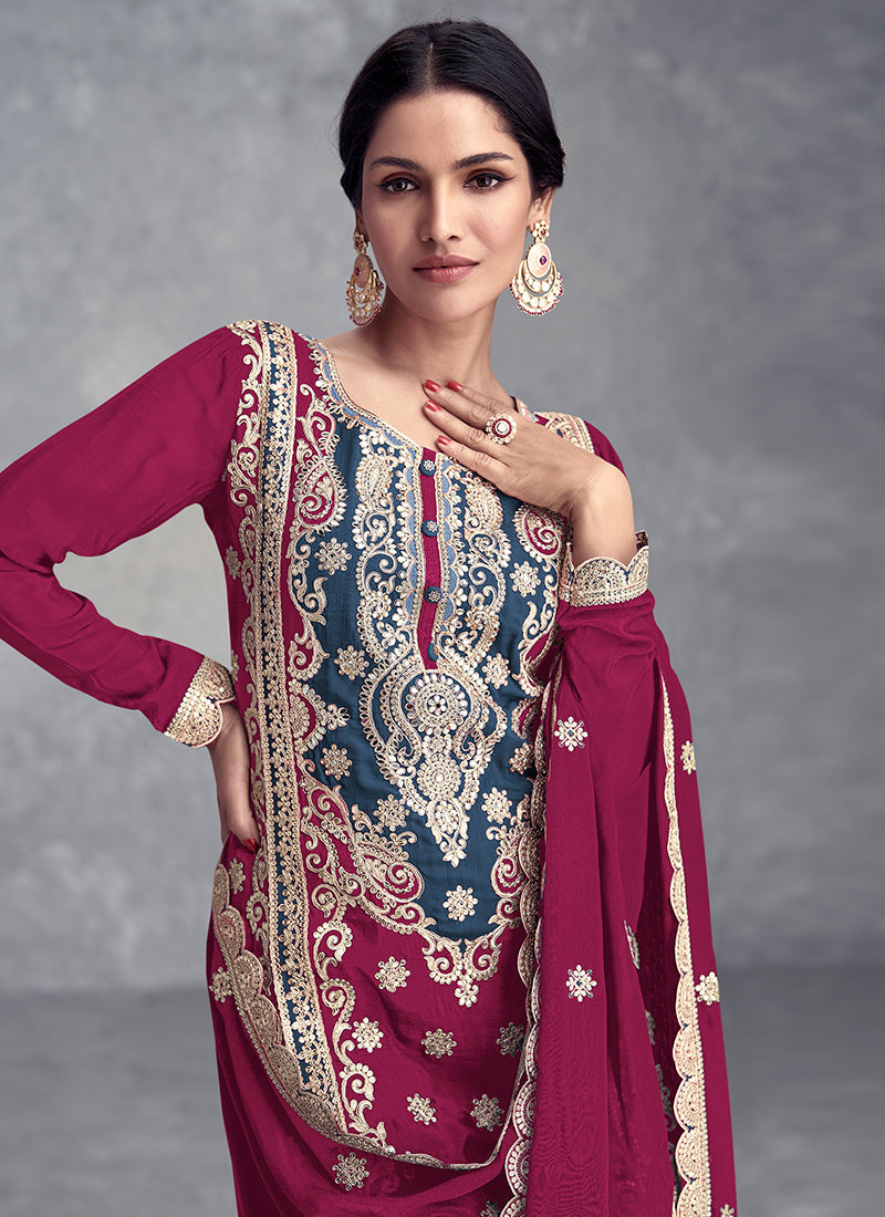 Magenta Embroidered Festive Palazzo Suit