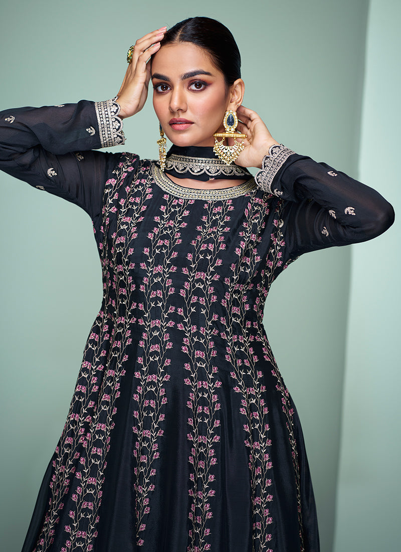 Black Reshamkari Embroidery Gharara Style Suit