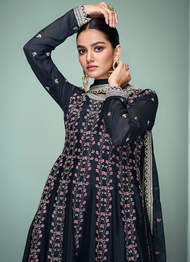 Black Reshamkari Embroidery Gharara Style Suit