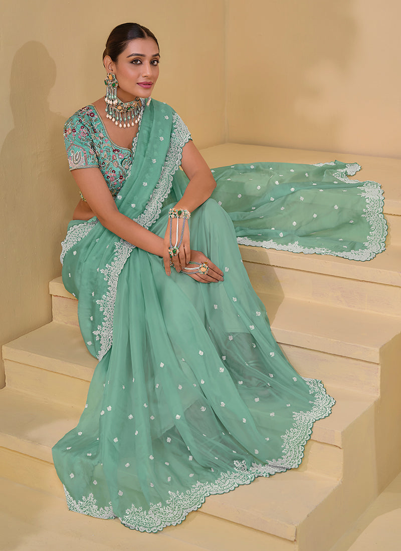 Sea Green Multi Embroidery Festive Silk Saree