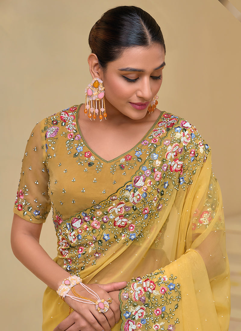 Yellow Multi Embroidery Festive Silk Saree