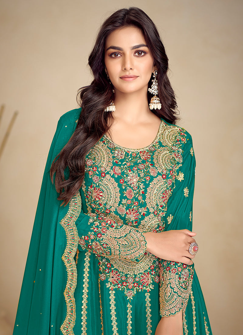 Turquoise Embroidery Festive Gharara Suit