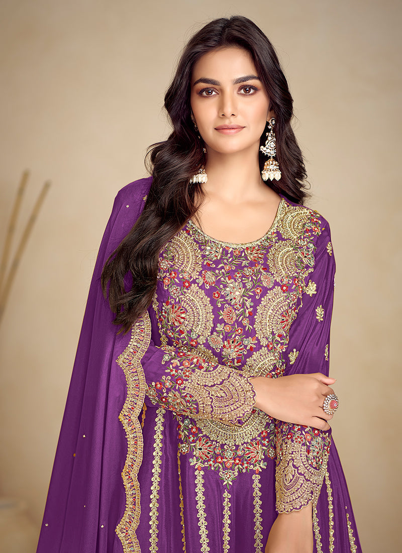 Purple Embroidery Festive Gharara Suit