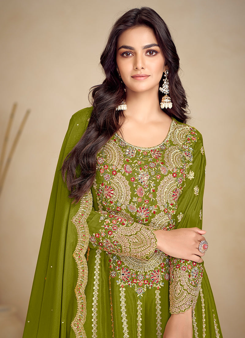 Green Embroidery Festive Gharara Suit