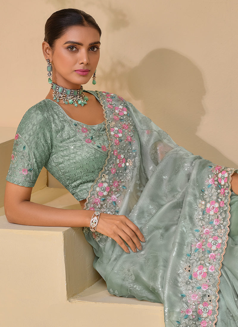 Mint Green Multi Embroidery Festive Silk Saree