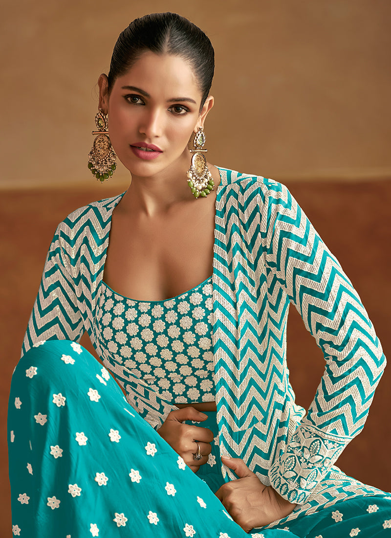 Teal Blue Embroidered Jacket Style Lehenga Choli