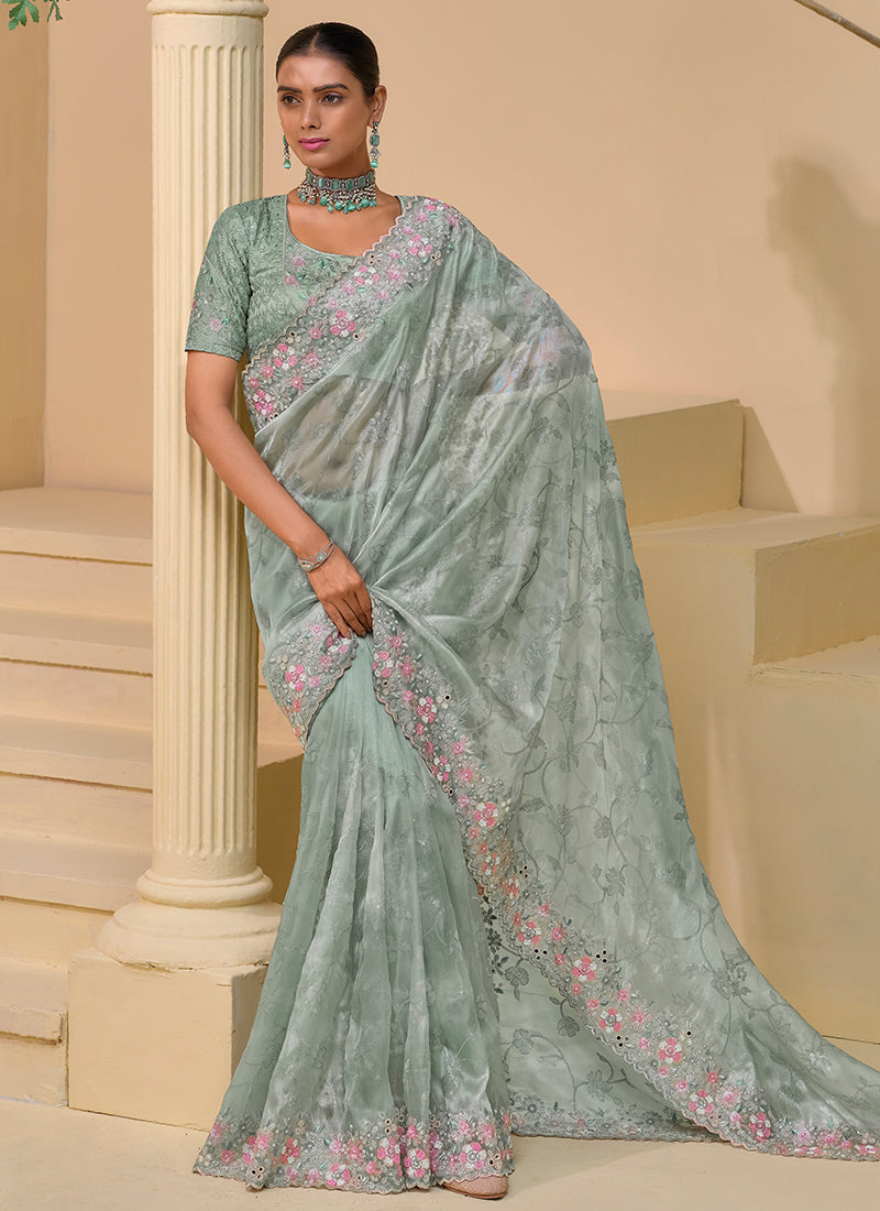 Mint Green Multi Embroidery Festive Silk Saree