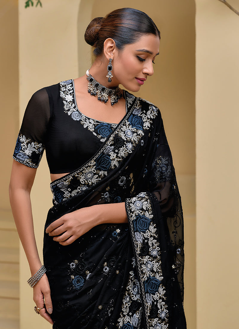 Midnight Black Multi Embroidery Festive Silk Saree