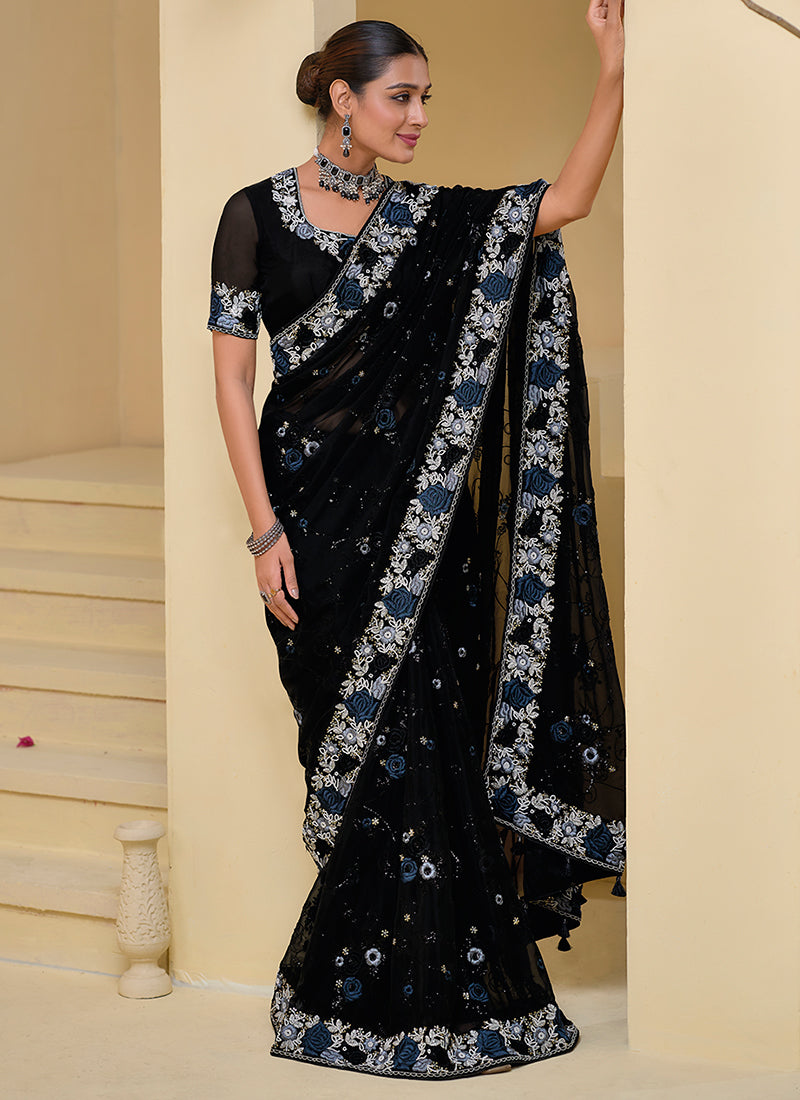 Midnight Black Multi Embroidery Festive Silk Saree