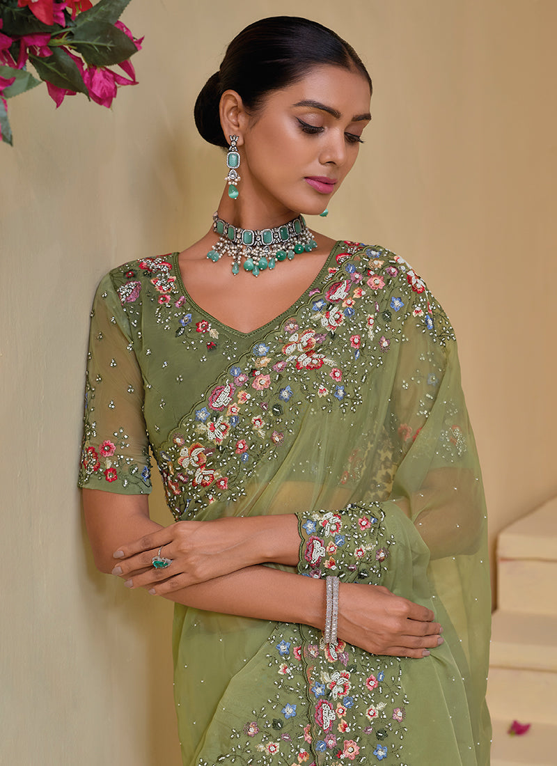 Green Multi Embroidery Festive Silk Saree